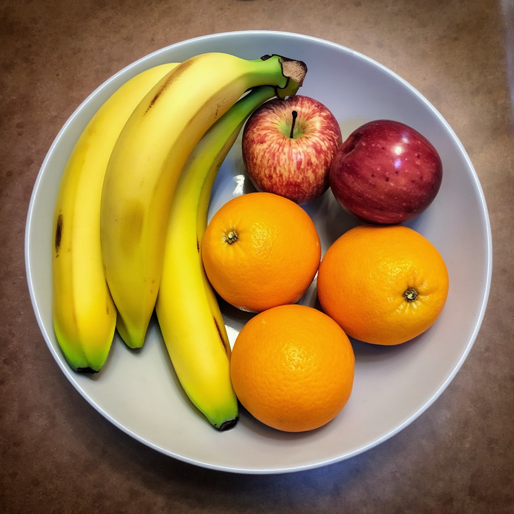 A fruit bowl containing exactly 3 bananas, 4 oranges, and 2 