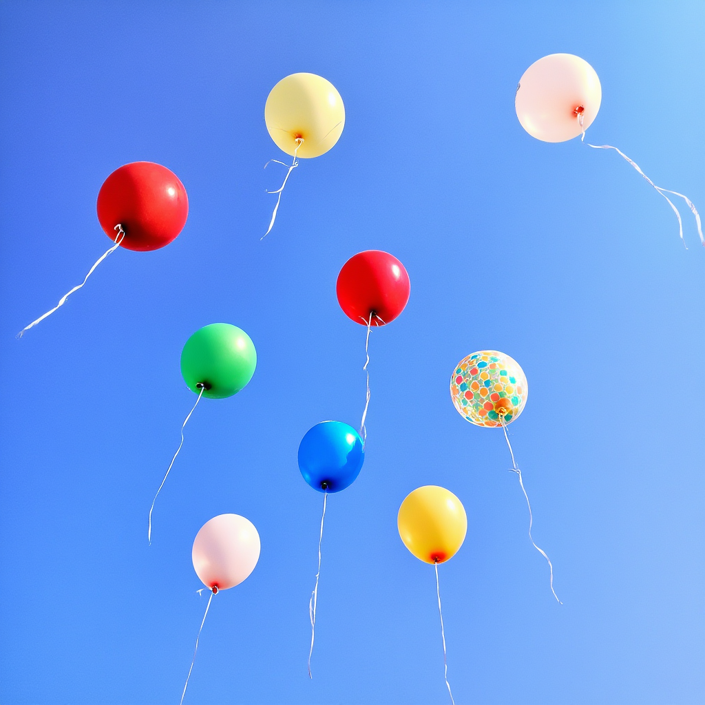 Exactly 11 colorful balloons floating against a clear blue s