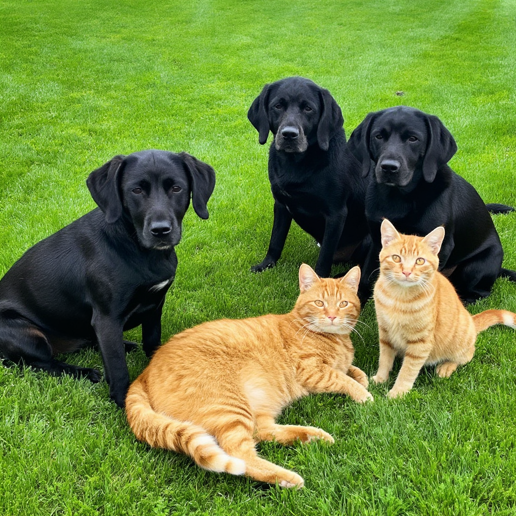 2 orange cats and 3 black dogs sitting together on a grassy 