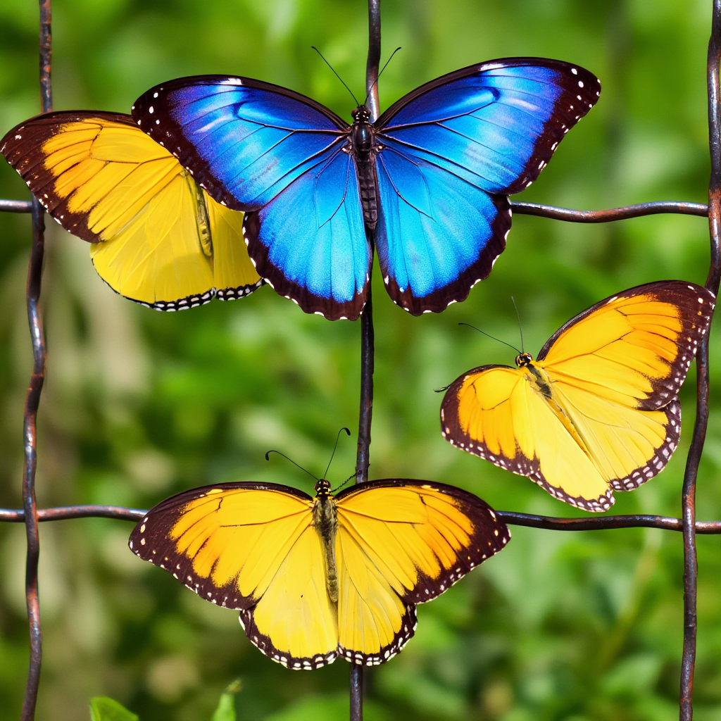 1 blue butterfly and 3 yellow butterflies resting on a garde