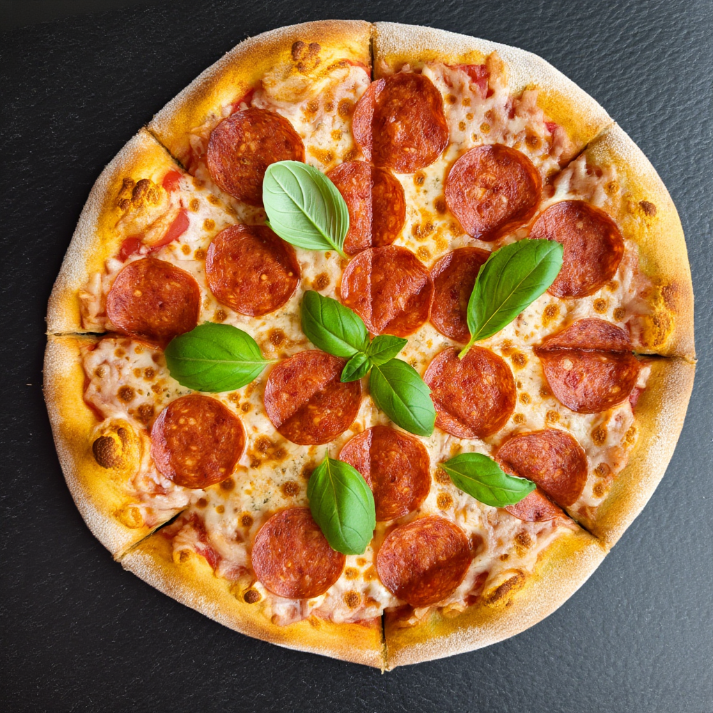 A pepperoni pizza with tomato sauce, basil, and crust but ab