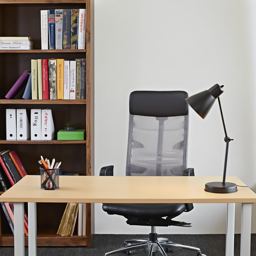 An office workspace with a desk, chair, bookshelf, and lamp 