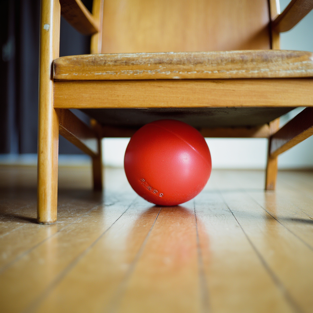 A red ball underneath a wooden chair
