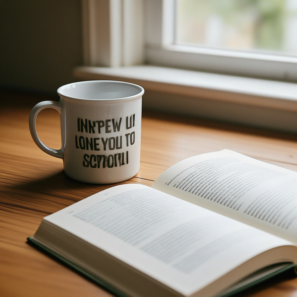 A coffee mug next to an open book on a desk