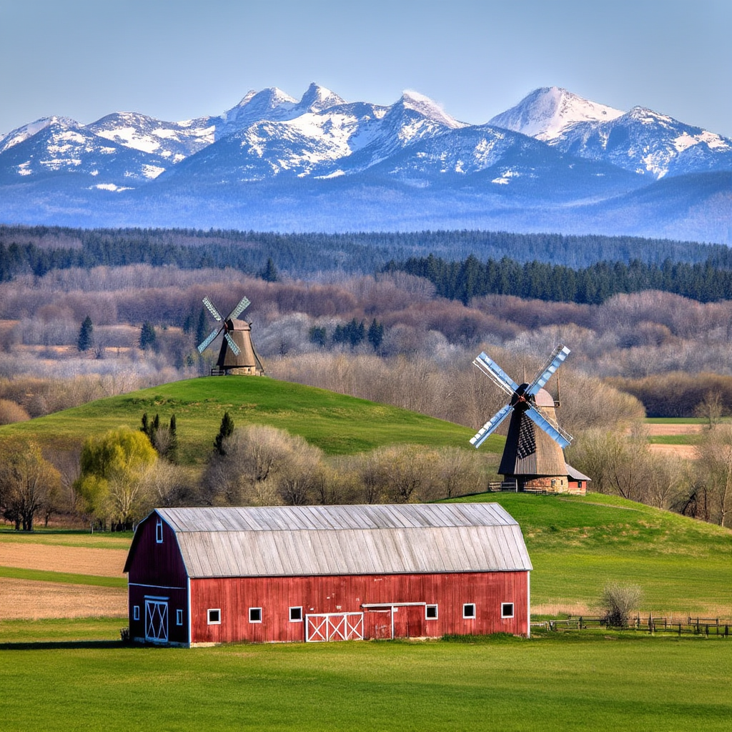 A landscape with a red barn in the foreground at large scale