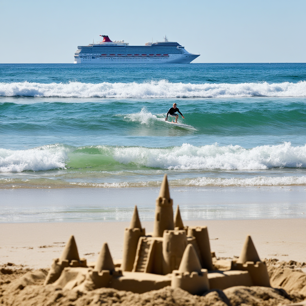 A beach scene with a sandcastle in the foreground, a surfer 