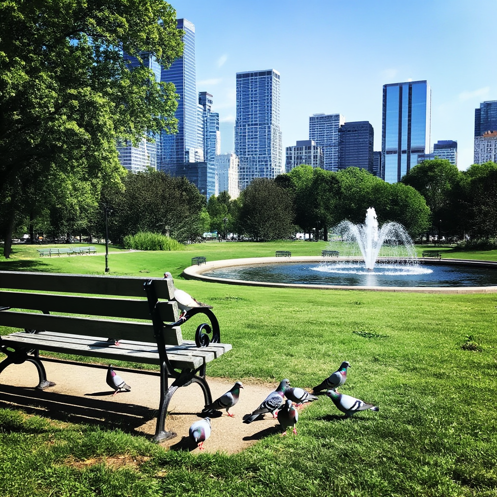 A city park with a park bench and pigeons in the foreground,