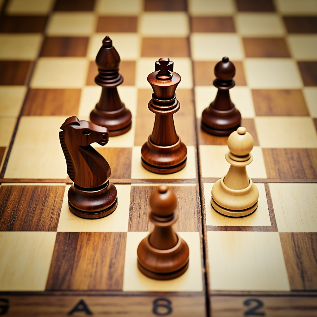 Five chess pieces on a board: a king in the center, a queen 