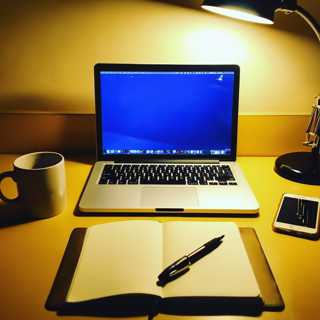 A desk scene: laptop in the center, coffee mug to the left, 