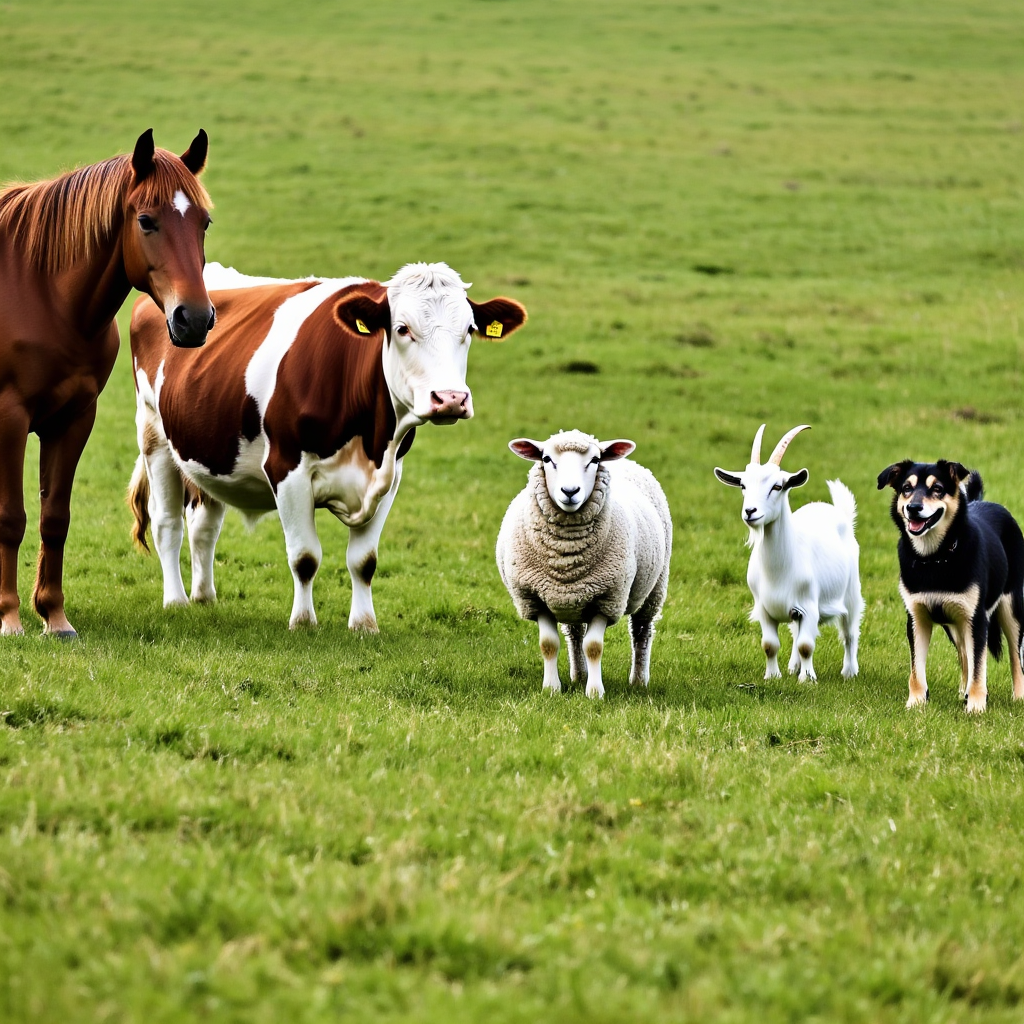 Five animals in a field: a horse on the far left, a cow to t