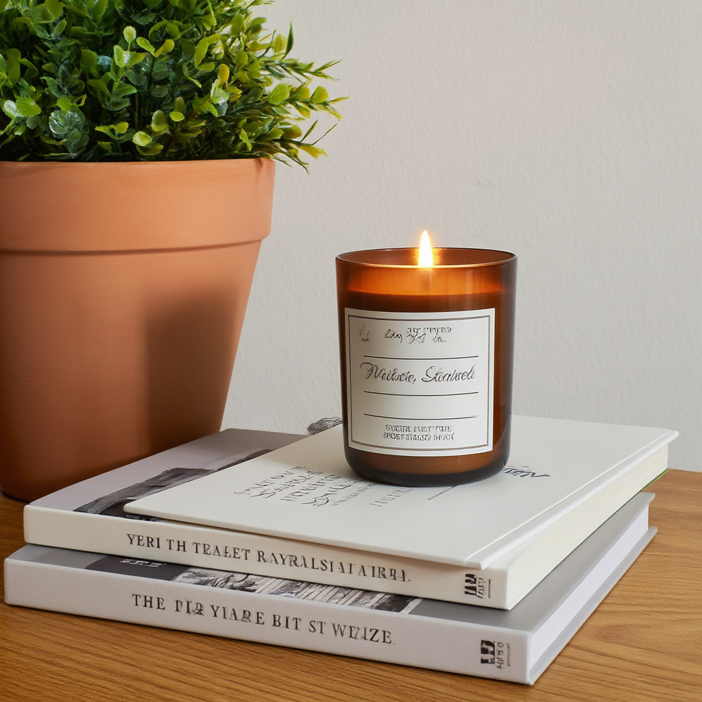 A candle on top of a stack of books, the books next to a pot