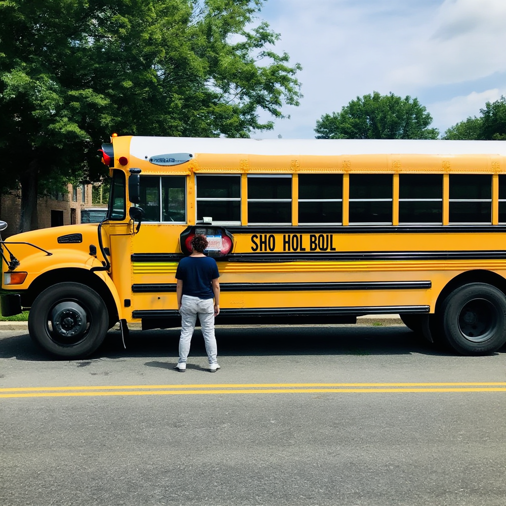 A person standing next to a yellow school bus, showing reali