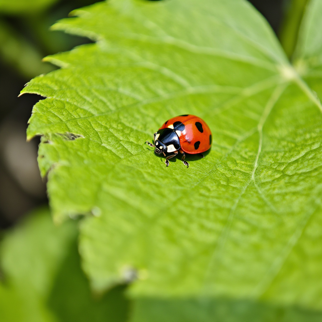 A ladybug sitting on a large green leaf, shown at realistic 