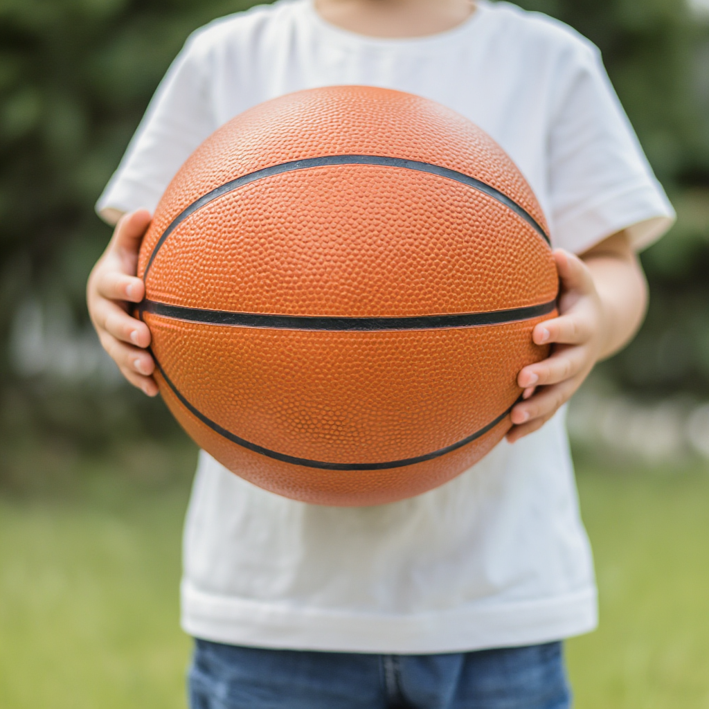 A child holding a basketball, both at correct relative sizes