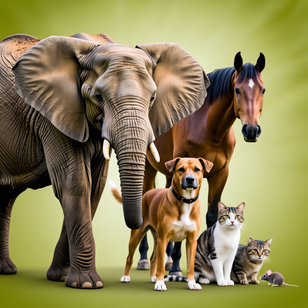 A group photo of an elephant, a horse, a dog, a cat, and a m