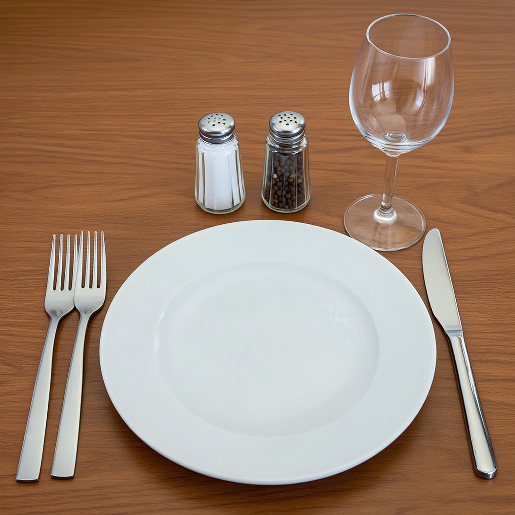 A dinner table scene with a plate, fork, knife, wine glass, 