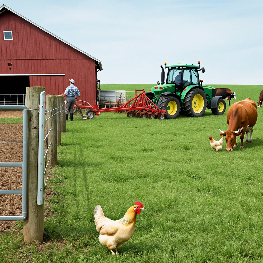 A farm scene with a barn, tractor, farmer, cow, chicken, and