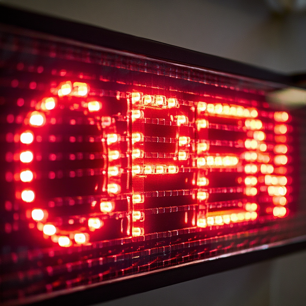 The word 'OPEN' displayed on a red LED sign with glowing pix