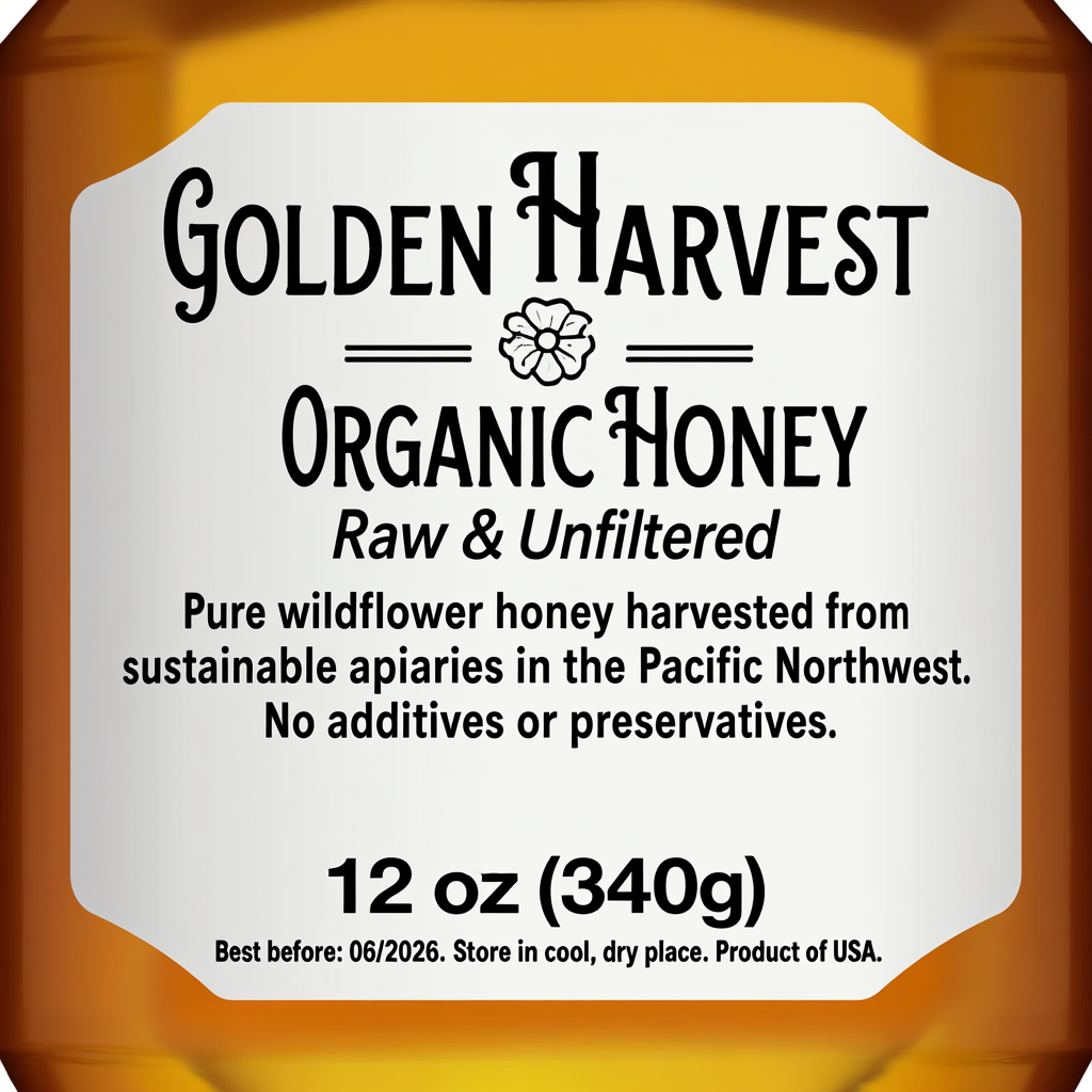 A product label for 'GOLDEN HARVEST ORGANIC HONEY' with subt