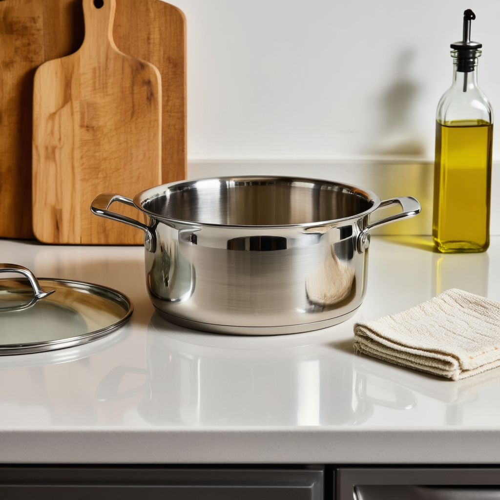 A kitchen counter with a stainless steel pot, a wooden cutti