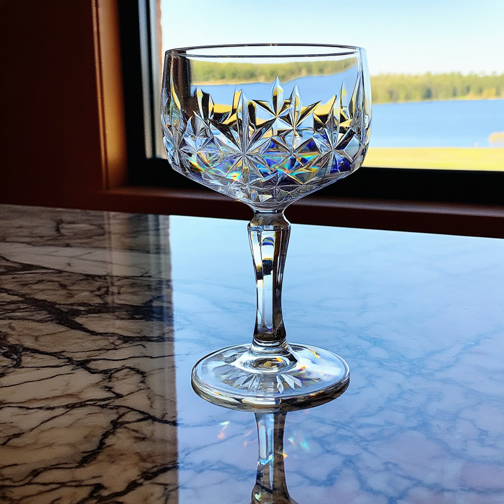 A crystal wine glass on a polished marble counter next to a 