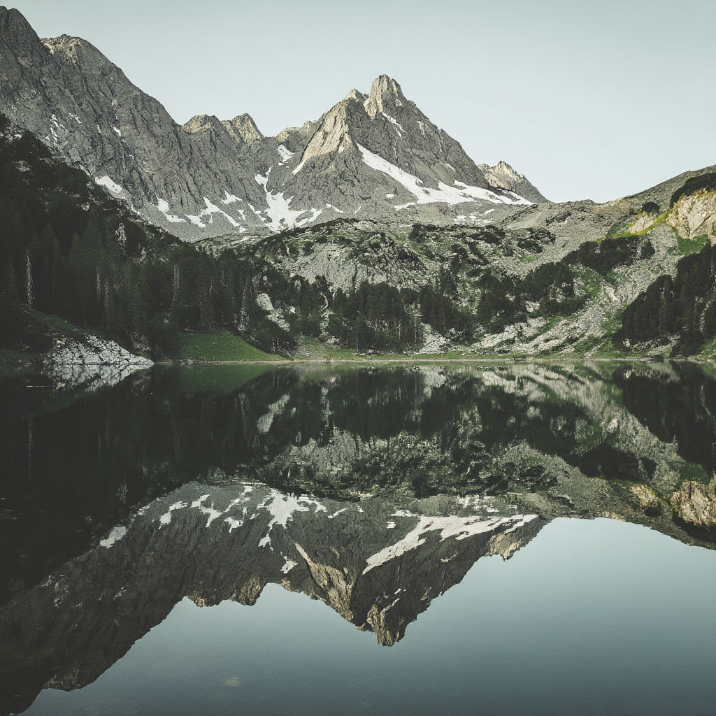 A mountain range reflected in a still alpine lake, with the 