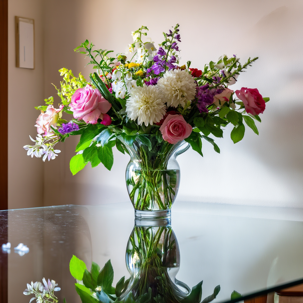 A vase of flowers on a glass table with a clear reflection v