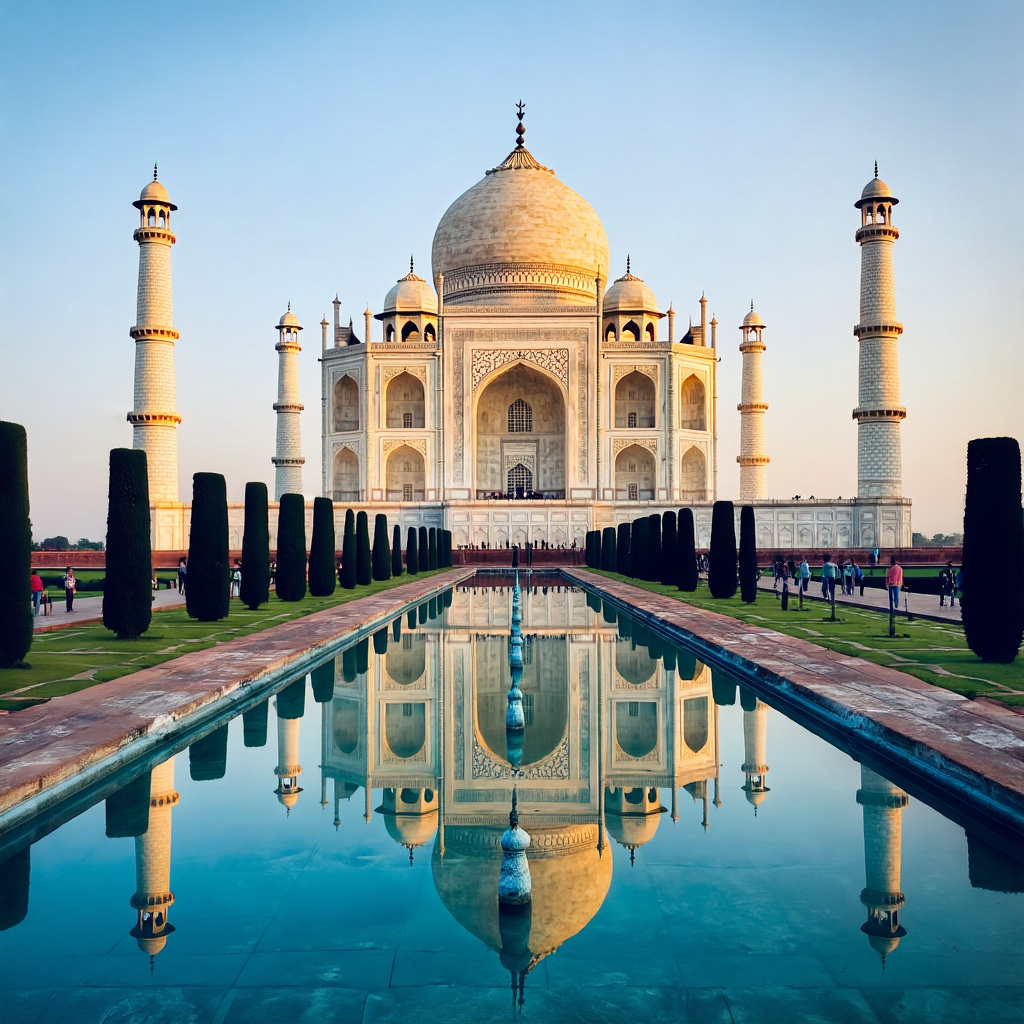 The Taj Mahal in Agra seen from the reflecting pool, with ac