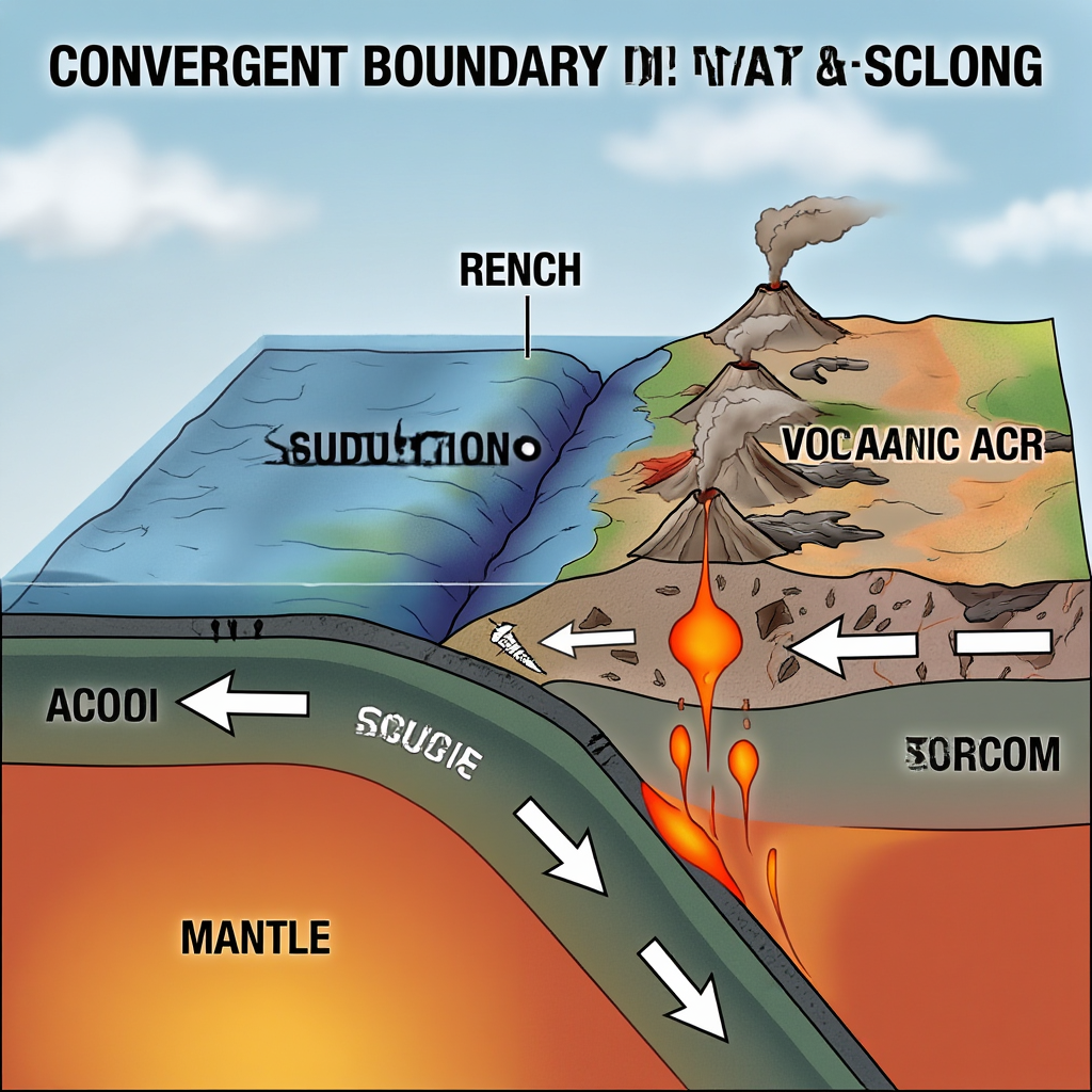 A cross-section showing tectonic plates at a convergent boun