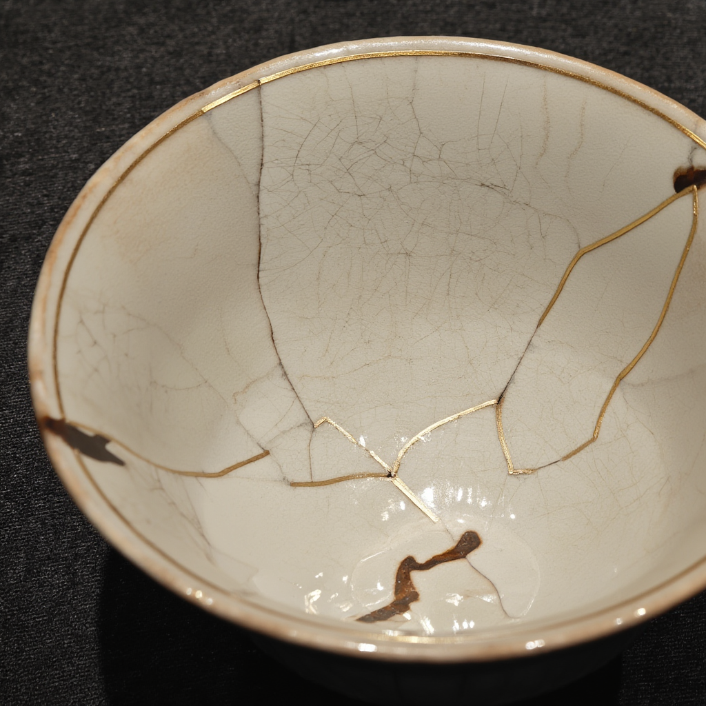 A Japanese kintsugi bowl — cracked ceramic repaired with vis