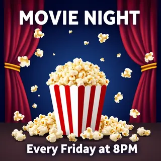 A movie night poster with a large popcorn image in the cente