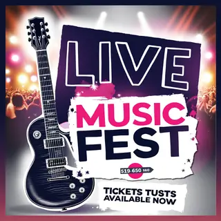 An event poster featuring a guitar illustration, the headlin