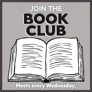 A book club poster with an open book illustration, the title