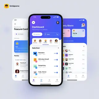 A mobile app UI mockup showing a dashboard with a top naviga