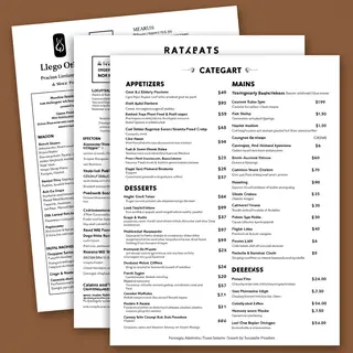 A restaurant menu layout with a logo header, three category 