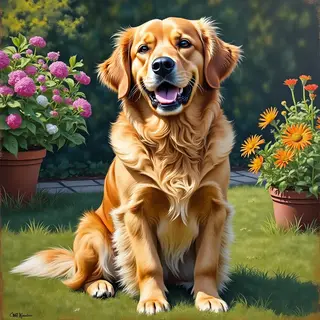 A golden retriever sitting in a garden, painted in the style