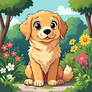 A golden retriever sitting in a garden, rendered in Japanese
