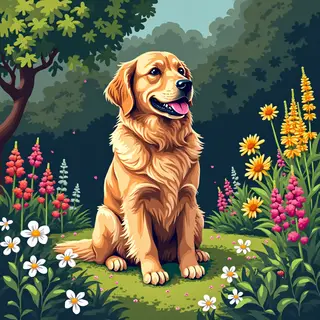 A golden retriever sitting in a garden, rendered in pixel ar