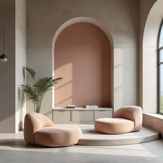 An interior scene rendered in soft brutalism — raw concrete 