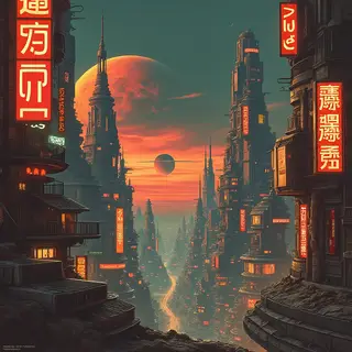 A cityscape rendered in nostalgic futurism — retro-futuristi