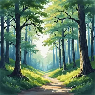 A forest rendered in photorealistic watercolor — the detail 