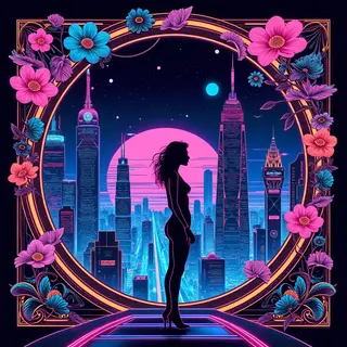 A woman in a futuristic city rendered in cyberpunk Art Nouve