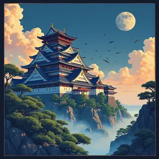A medieval castle depicted in Japanese ukiyo-e woodblock pri