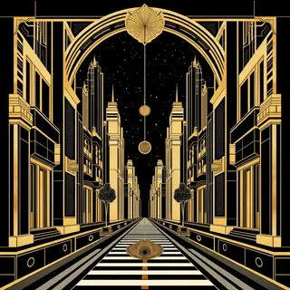 A city street scene in the style of Art Deco — geometric sha