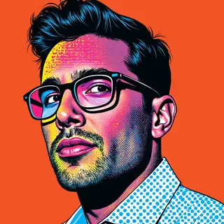 A portrait of a man in Pop Art style — bold outlines, Ben-Da