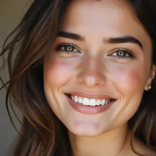 A close-up portrait of a young woman with a warm natural smi
