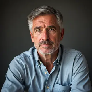 A portrait of a middle-aged man with a calm, serious express