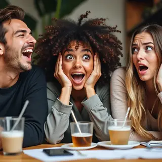 A group of three friends at a table: one laughing with head 