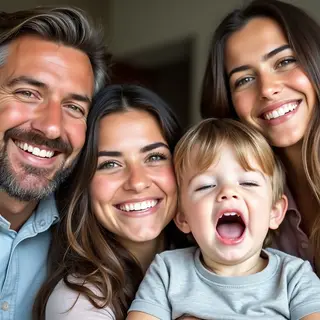 A family photo with four people: a father beaming with pride