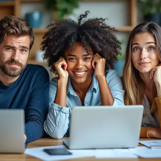 Three coworkers in a meeting: one looking frustrated with fu